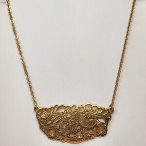 Foxy Originals Bird Floral Filigree Pendant Chain Necklace Gold Tone Vintage